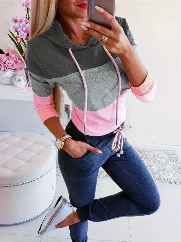Street-Wave Color Block Hoodie For Women Cozy Comfort With Drawstrings And Relaxed Fit