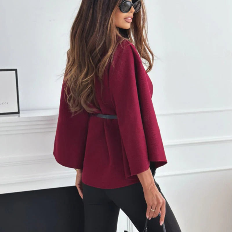 Street Wave Belted Cape Jacket With High Collar For Elegant Women And Statement Style