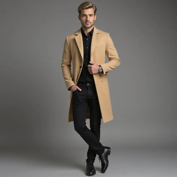Street-Wave Wool Blend Long Coat For Men Tailored Fit Warm Formal Outerwear