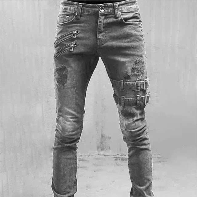 Men's Slim Fit Distressed Denim Jeans With Zipper Detail And Gothic Buckle Accents