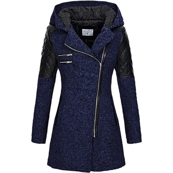 Street-wave Hooded Tweed Jacket For Women With Quilted Sleeves And Asymmetrical Zip