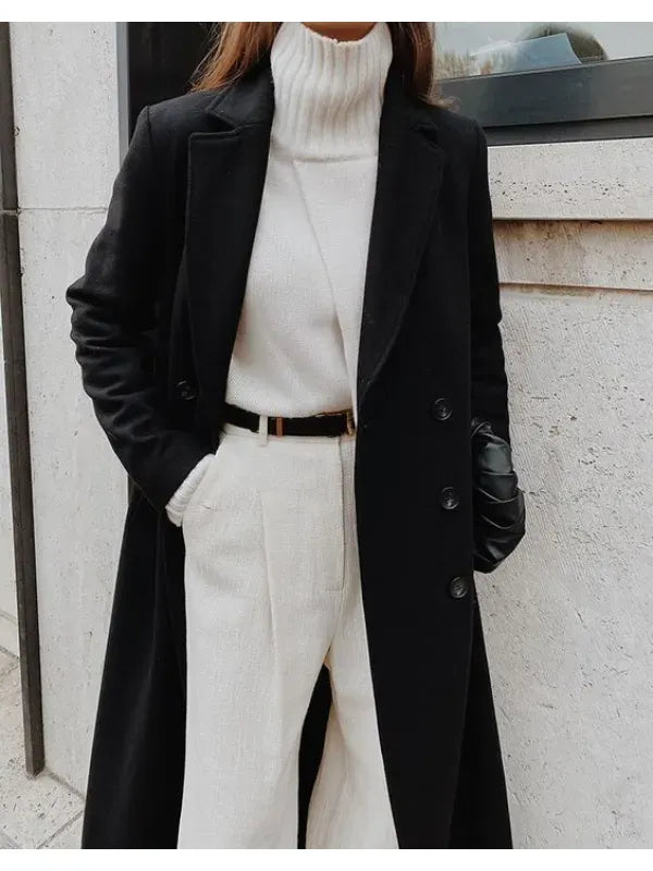Street-wave Wool Coat With Tailored Fit, Double-Breasted Long Lapel, Winter Essential For Women