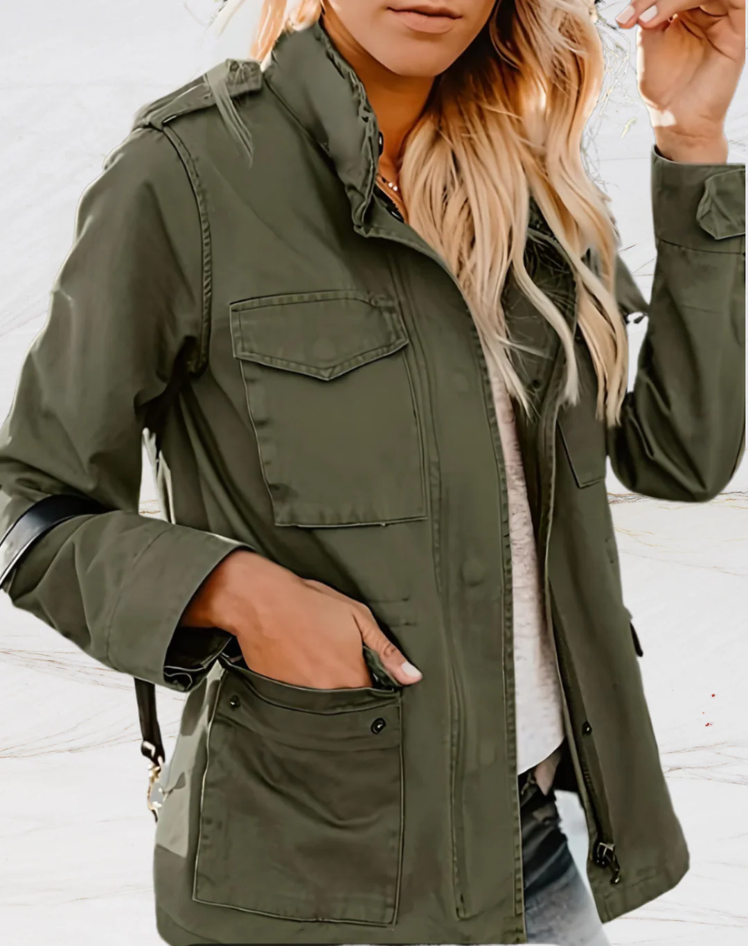 Street Wave Cotton Utility Jacket Regular Fit With Four Pockets Zipper And Button Closure For Women