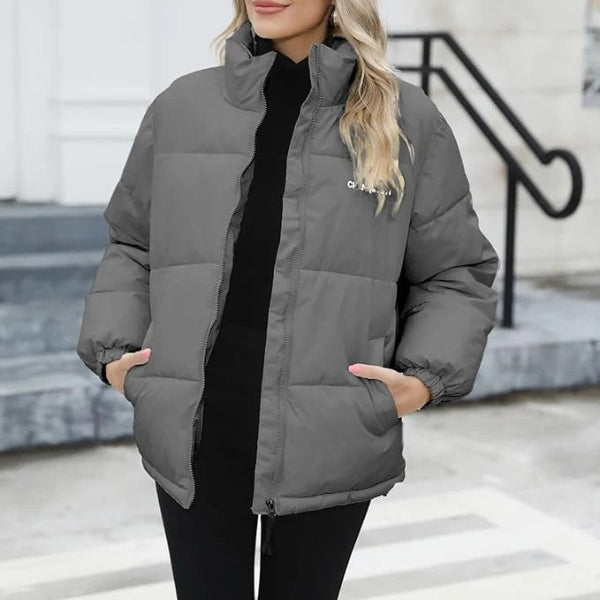 Street-wave Women Puffer Jacket Green Relaxed Fit Zip Front High Collar Hip Length Cozy Warmth For Everyday Wear