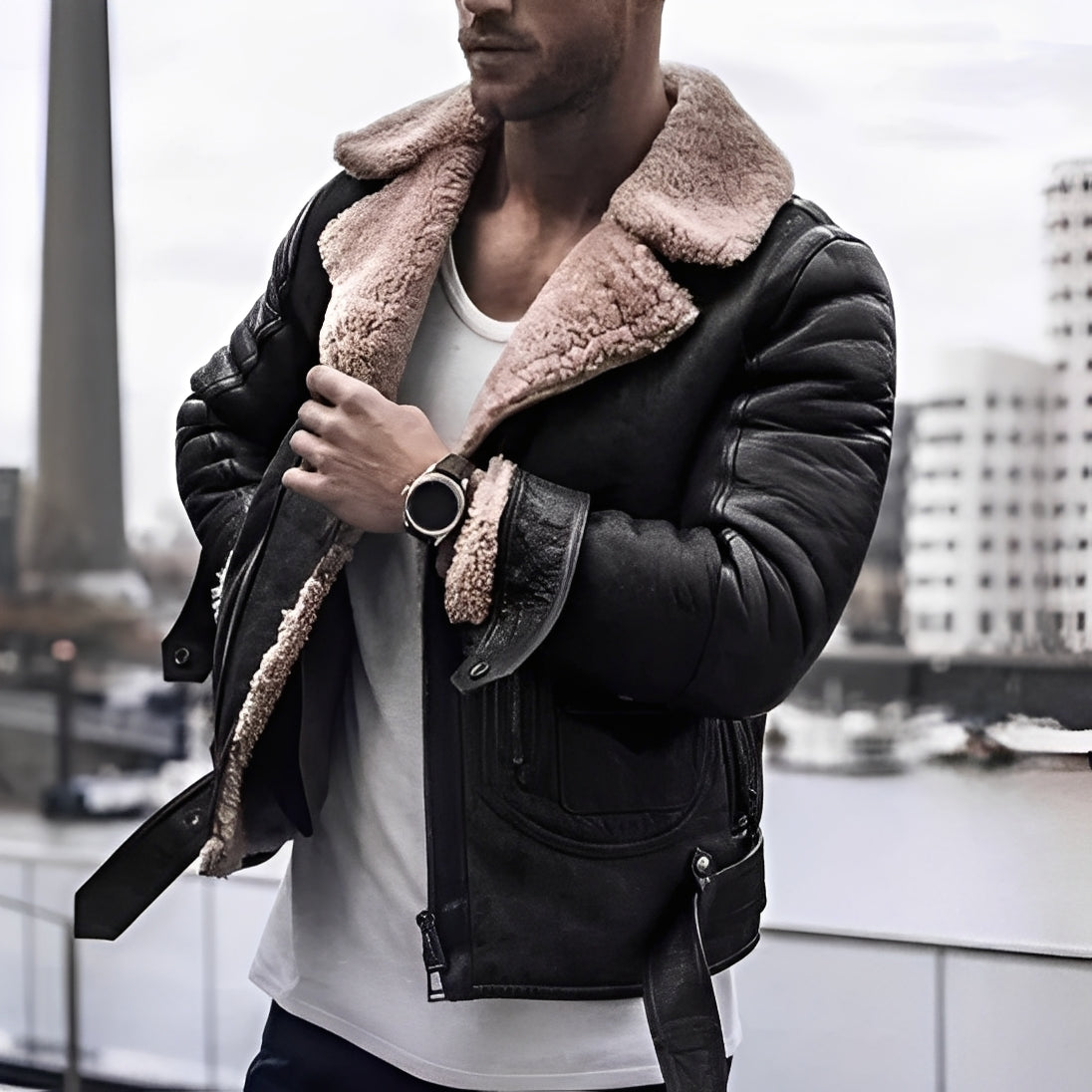 Street-wave Men's Shearling Leather Jacket With Warm Lining For Winter Elegant Cozy Protection