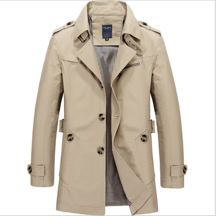 Street-Wave Waterproof All-Weather Mens Trench Coat With Double-Breasted Buttons For Urban Professionals