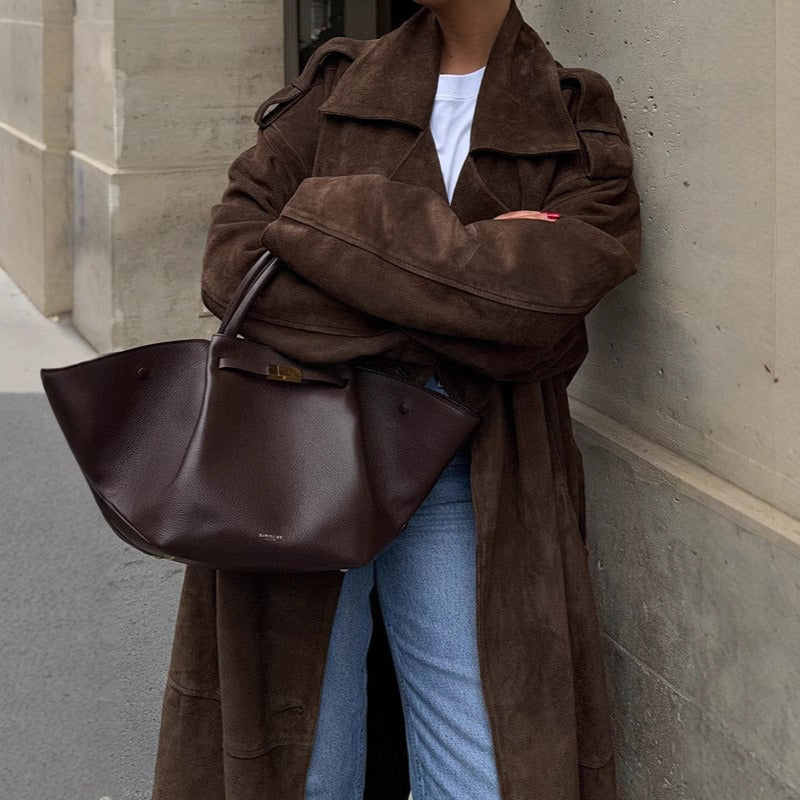 Street-Wave Long Brown Suede Coat Enna For Style-Conscious Women Timeless Sophistication