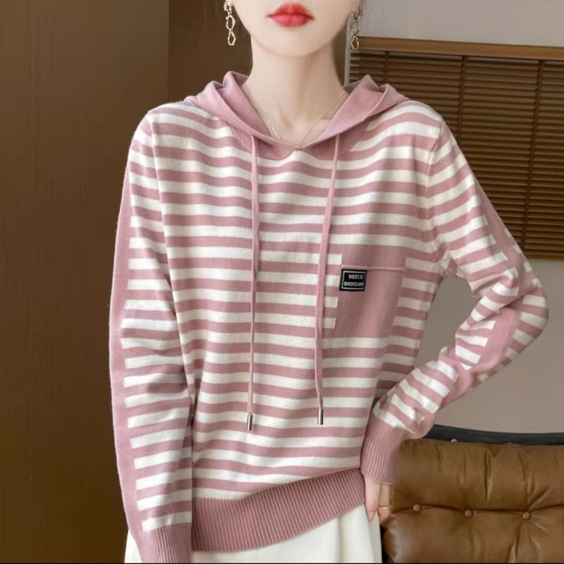 Street-Wave Women's Striped Hoodie Sweater Cozy Relaxed Knit