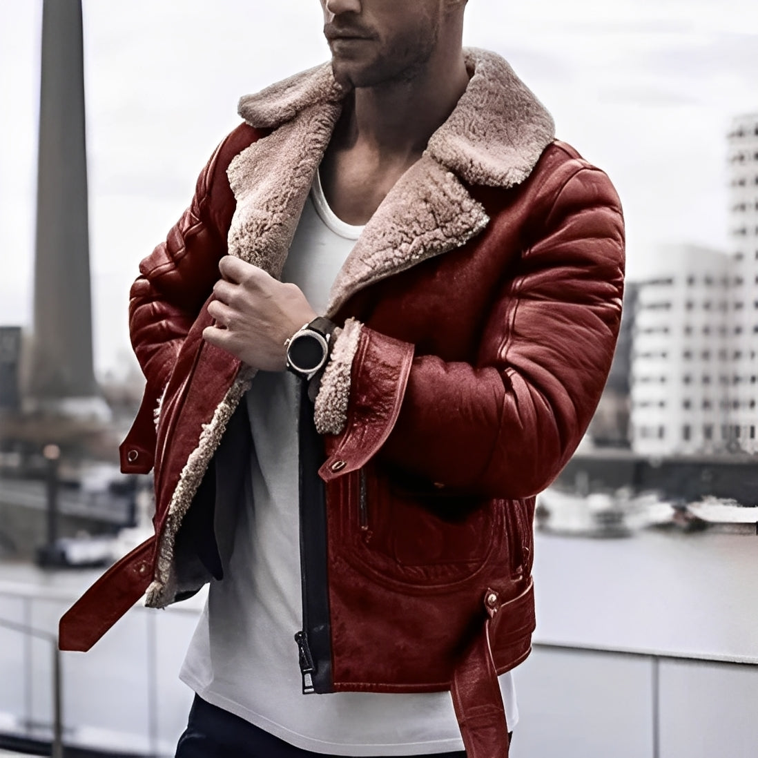 Street-wave Men's Shearling Leather Jacket With Warm Lining For Winter Elegant Cozy Protection