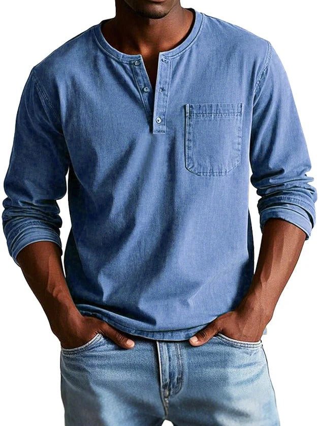 Men's Long Sleeve Top With Chest Pocket Classic Fit Cotton Feel Crew Neck Button Placket