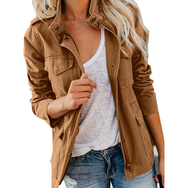 Street-wave Utility Jacket for Women, Relaxed Fit Cotton Blend, Zip and Button Closures, Modern Streetwear
