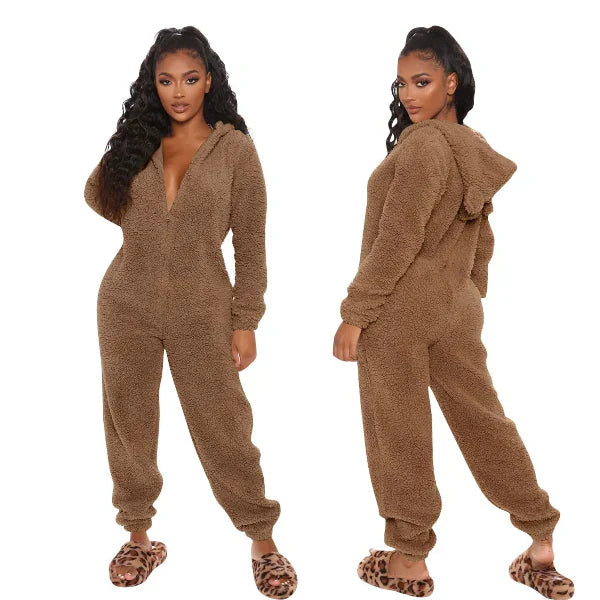Street Wave Womens Teddy Fleece Overall With Hood Ultra Soft Cozy Plush Jumpsuit