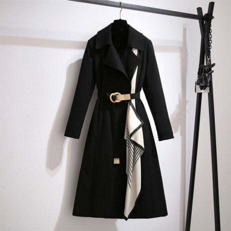 Street-Wave Womens Long Coat With Belt And Decorative Scarf Midi Tailored Fit Wardrobe Essential