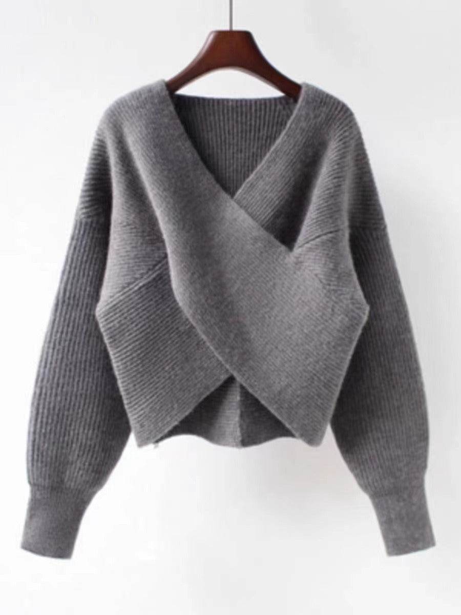 Street-Wave Cozy Oversized Knit Sweater With V-Neck Rib Texture Balloon Sleeves For Plus Size Women