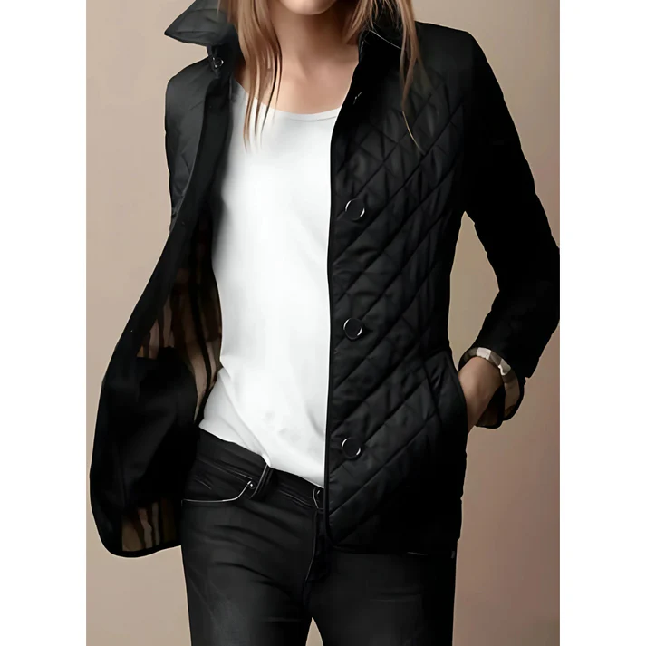 Street-wave Diamond Quilted Jacket With Tailored Fit Hip Length Button Closure For Women