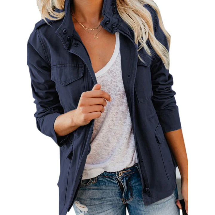Street-wave Utility Jacket for Women, Relaxed Fit Cotton Blend, Zip and Button Closures, Modern Streetwear