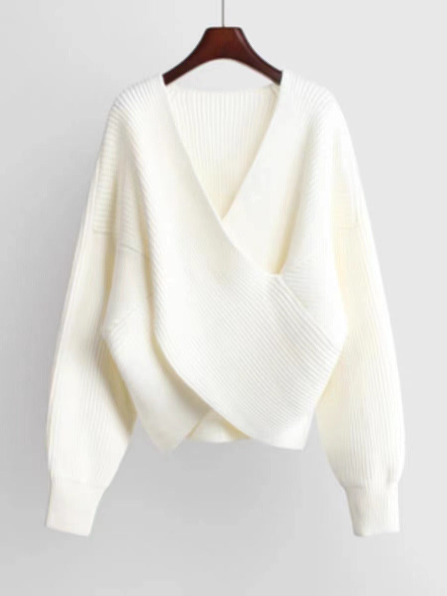 Street-Wave Cozy Oversized Knit Sweater With V-Neck Rib Texture Balloon Sleeves For Plus Size Women