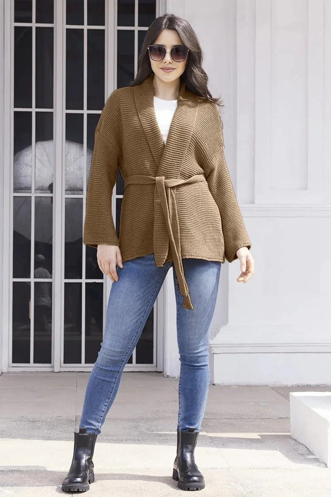 Street-Wave Women Cardigan Ribbed Knit Shawl Collar Belted
