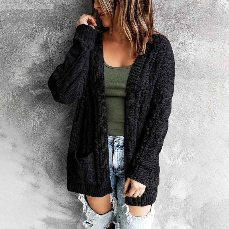 Street-wave Wool Blend Cardigan For Women With Pockets Cozy Open Front Knit Jacket
