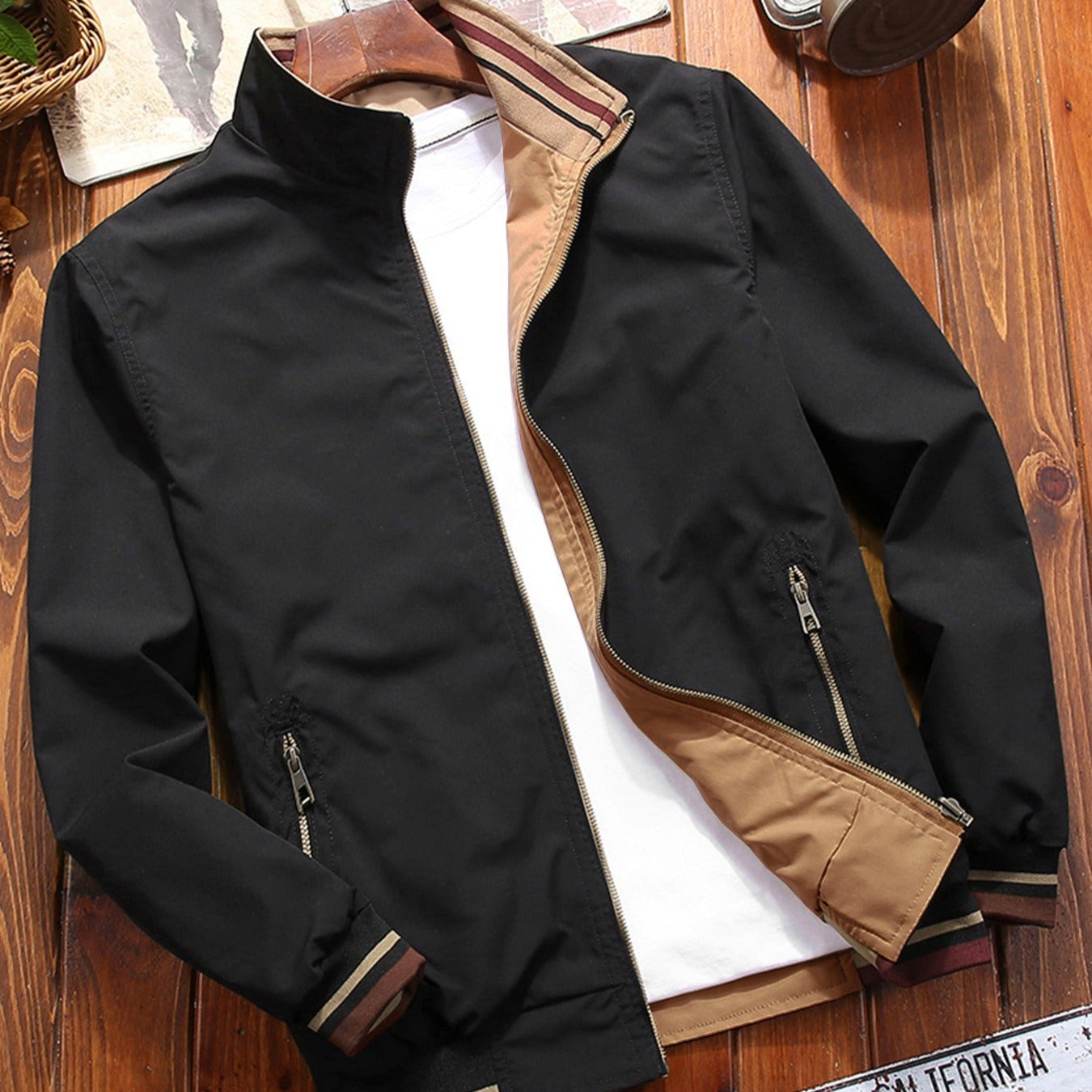 Street-wave Jacket For Men Lightweight Casual Zip, Durable Fabric, Urban Style, Contrast Lining