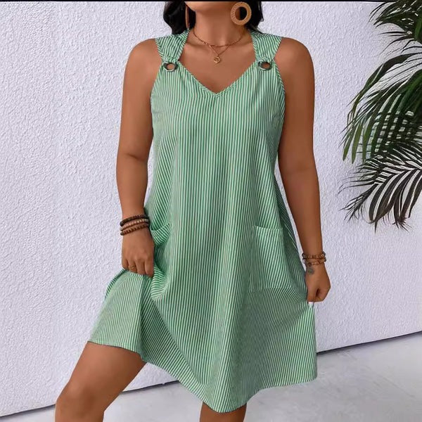 Street-Wave Women's A-Line Striped Dress With Pockets Ring-Shoulder