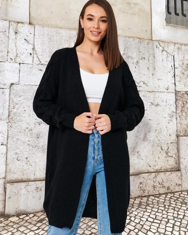 Streetwave Wool Knit Cardigan For Women, Cozy Oversized Fit With Cable Sleeves Long Open Front