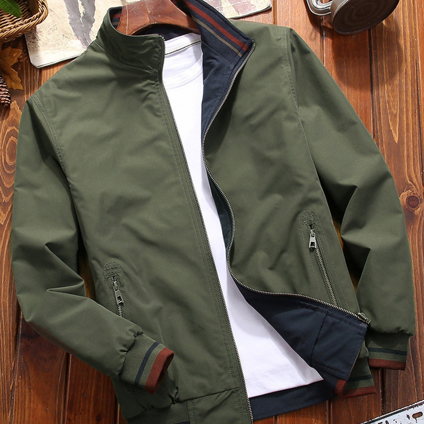 Street-wave Jacket For Men Lightweight Casual Zip, Durable Fabric, Urban Style, Contrast Lining