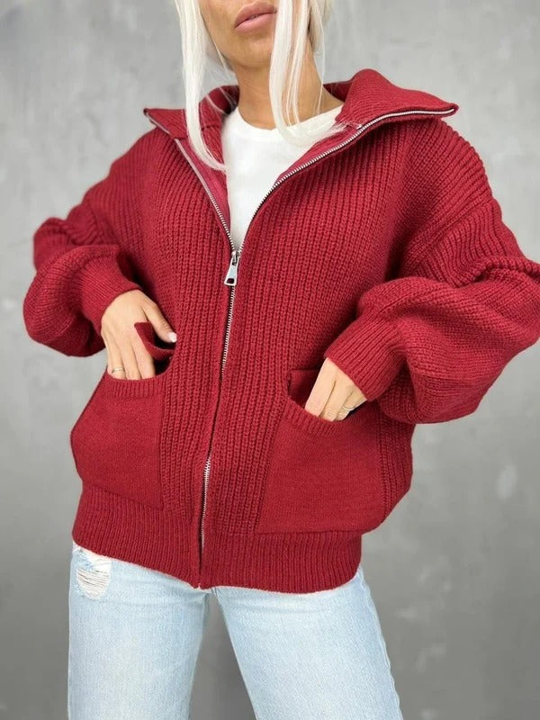 Street-Wave Wool Blend Cardigan With Zipper, Relaxed Fit, Ribbed Texture And Patch Pockets For Women