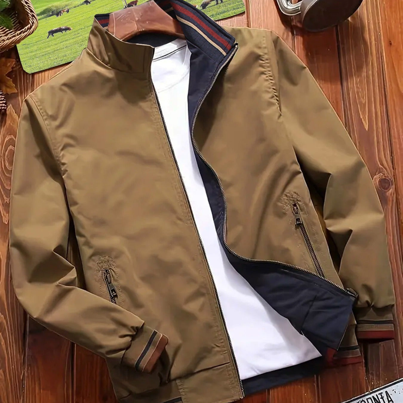 Street-wave Jacket For Men Lightweight Casual Zip, Durable Fabric, Urban Style, Contrast Lining