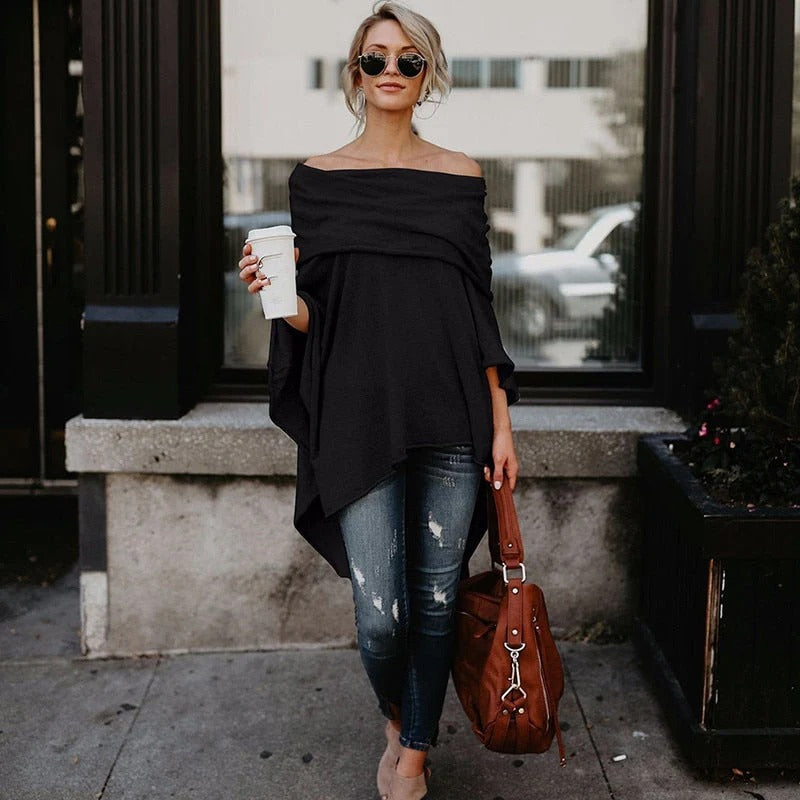 Street Wave Women Off Shoulder Knit Top Relaxed Fit And Asymmetrical Hem Chic