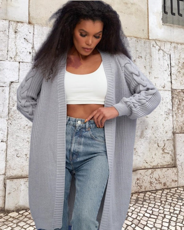 Streetwave Wool Knit Cardigan For Women, Cozy Oversized Fit With Cable Sleeves Long Open Front