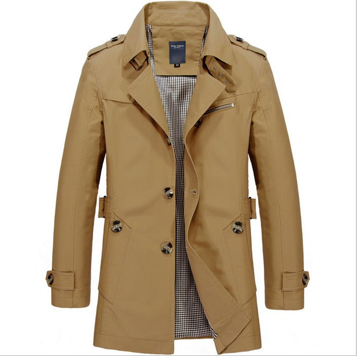 Street-Wave Waterproof All-Weather Mens Trench Coat With Double-Breasted Buttons For Urban Professionals