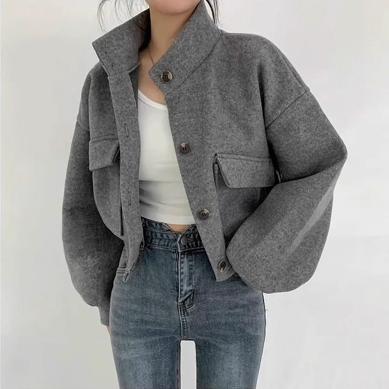 Street Wave Gray Wool Short Jacket For Women Oversized Silhouette Button Stand Collar Versatile Chic