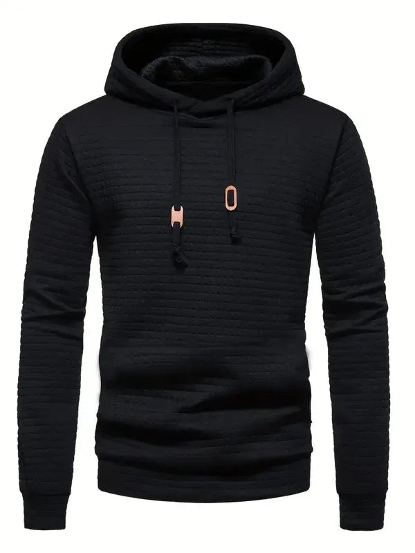 Men's Quilted Texture Pullover Hoodie With Adjustable Hood Regular Fit Ribbed Cuffs