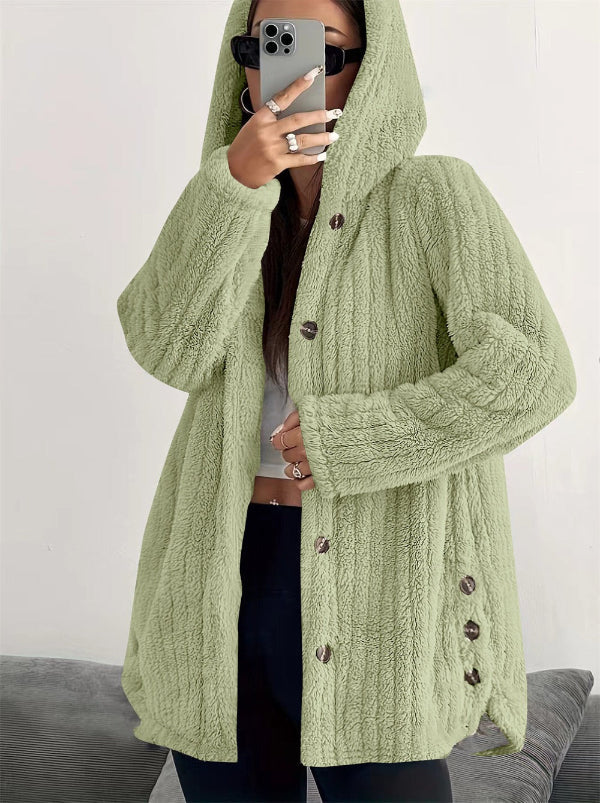 Street-wave Teddy Plush Jacket For Women With Hood Cozy Warmth And Button Closure