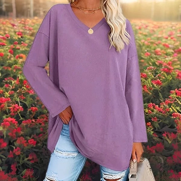 NordiskFlair Women's Oversized Cotton Feel V Neck Effortless Long Sleeve Shirt