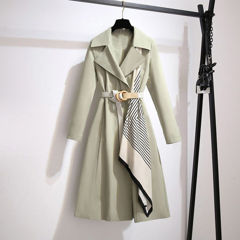 Street-Wave Womens Long Coat With Belt And Decorative Scarf Midi Tailored Fit Wardrobe Essential