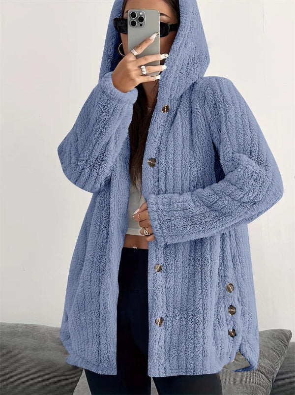 Street-wave Teddy Plush Jacket For Women With Hood Cozy Warmth And Button Closure