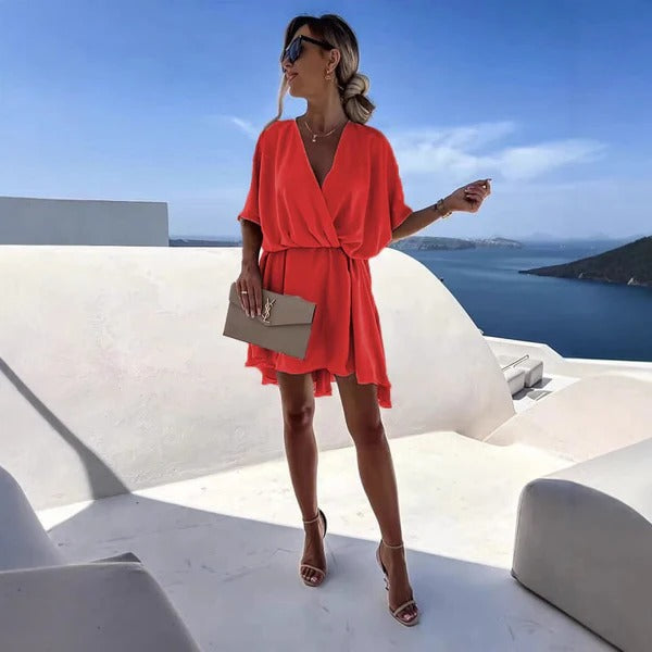 Street Wave Women Wrap Dress V Neck Cinched Flutter Hem