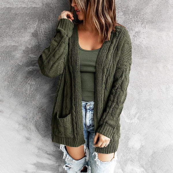 Street-wave Wool Blend Cardigan For Women With Pockets Cozy Open Front Knit Jacket