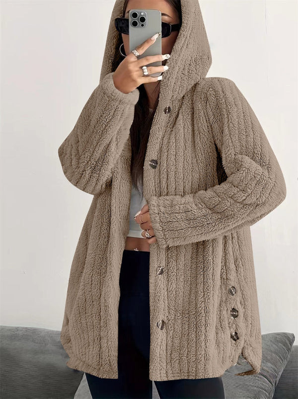 Street-wave Teddy Plush Jacket For Women With Hood Cozy Warmth And Button Closure