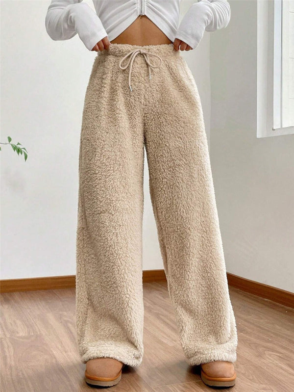 Street-wave Cozy Teddy Lounge Pants For Women With Drawstring High Waist For Warm Comfort