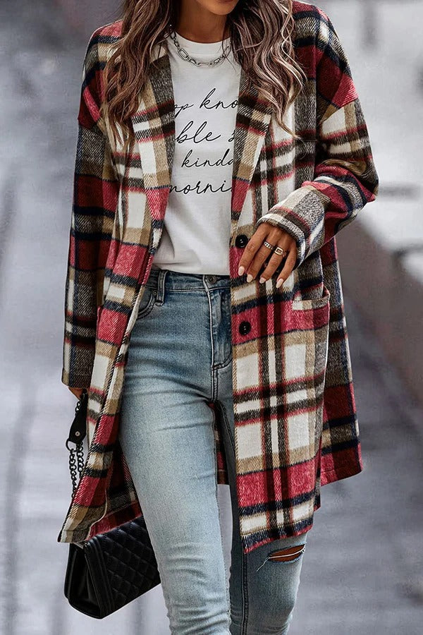 Street-wave Oversized Wool Coat For Women Plaid Pattern With Button Front And Pockets