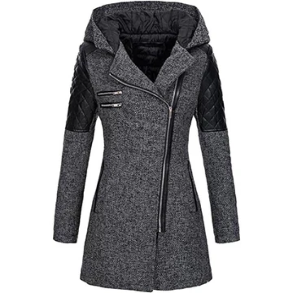 Street-wave Hooded Tweed Jacket For Women With Quilted Sleeves And Asymmetrical Zip