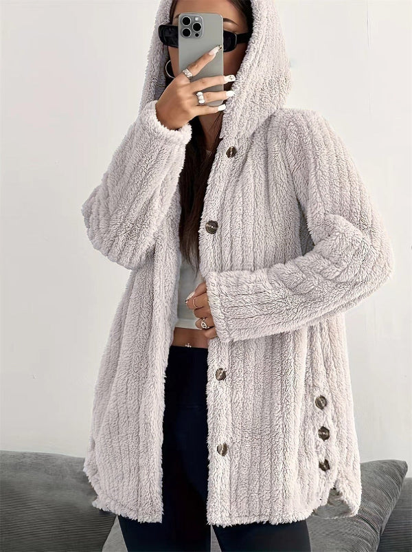 Street-wave Teddy Plush Jacket For Women With Hood Cozy Warmth And Button Closure
