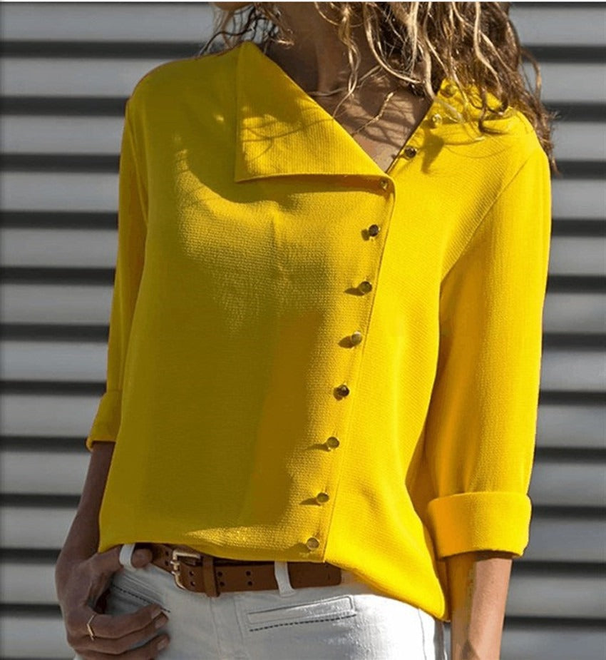 Women’s Long Sleeve Shirt – Loose Fit – Asymmetrical Button Front – Casual Style