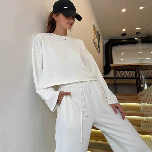 Street Wave Womens Two Piece Athleisure Set Relaxed Cropped Top Drawstring Pants