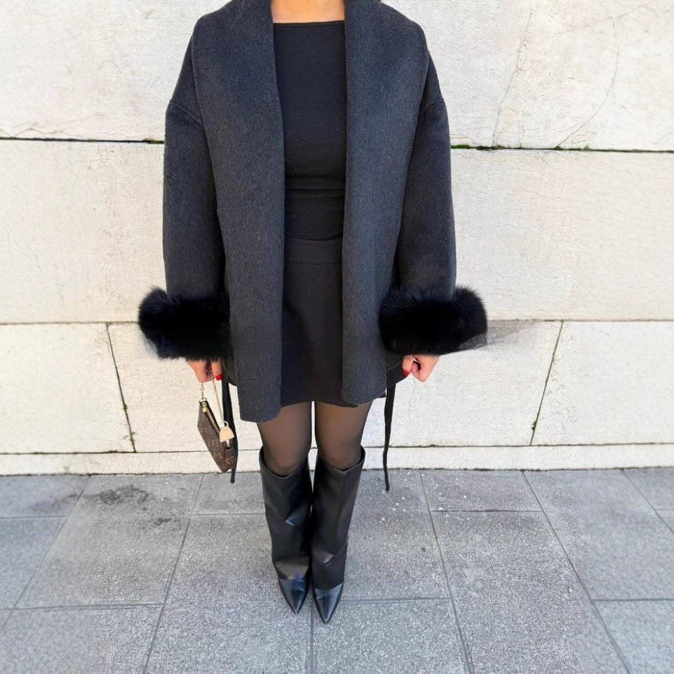 Street-Wave Women's Wool Coat With Wide Kimono Sleeves And Teddy Fur Cuffs For Chic Modern Women