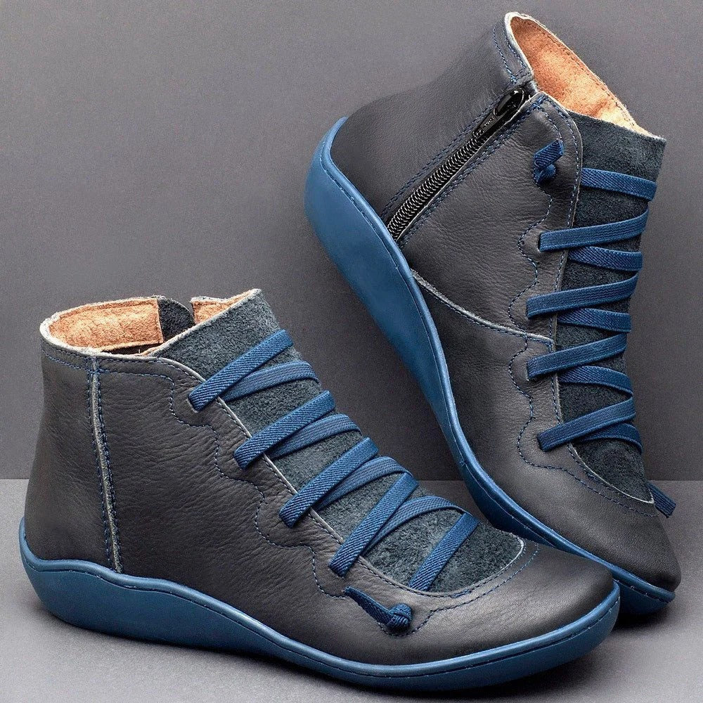 Street-wave Women Ankle Boots Leather Look With Low Heel Zip And Lace Closure Casual Everyday Comfort