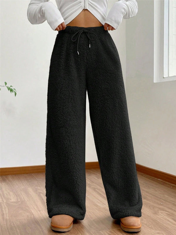 Street-wave Cozy Teddy Lounge Pants For Women With Drawstring High Waist For Warm Comfort